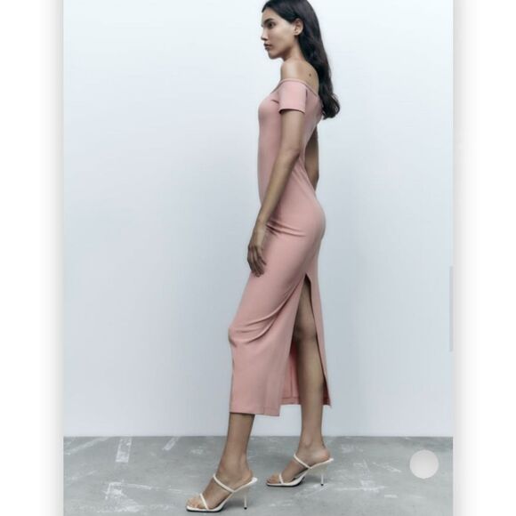 Zara Top Stitched Pale Pink Off The Shoulder Midi Dress US XS BNWT - Picture 2 of 11
